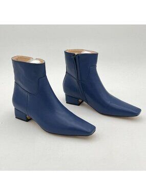 Zszszsu Dark Blue Square Toe Ankle Boot Comfy Chunky Low Heel Side Zipper Shoes